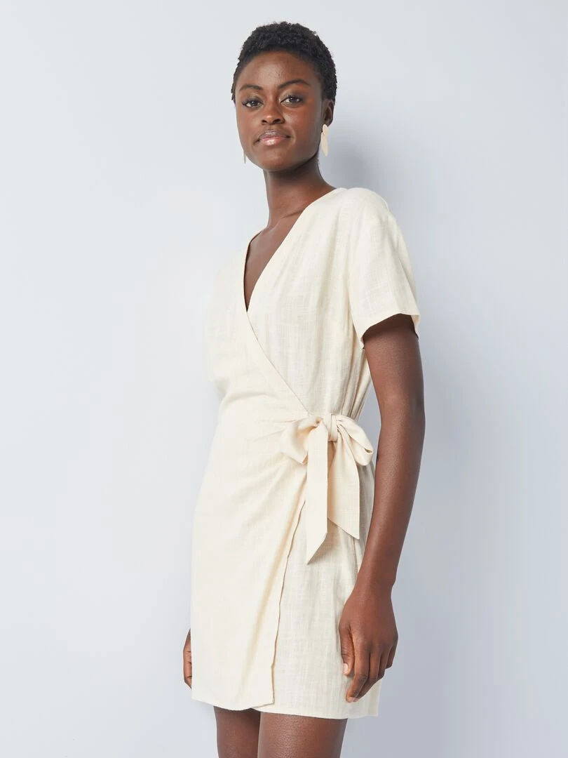 Robe courte wrap en lin mélangé   Beige