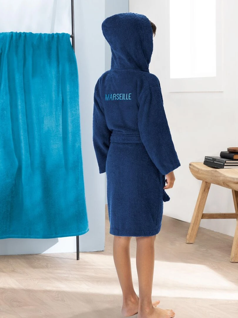 Peignoir enfant brodé 100% coton  OM RUBAN   Bleu marine