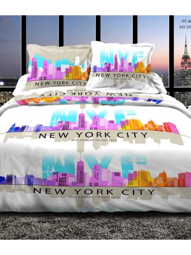 Pack Complet Ny Skyline Rose Housse De Couette Pour Lit 160 X 200 Cm 100% Coton / 57 Fils/cm² Multicolore