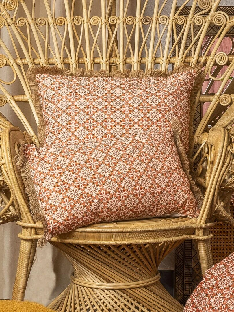 Coussin en coton imprimé avec pompons AFRICA 'Deko&co'   Blanc Noir Gris