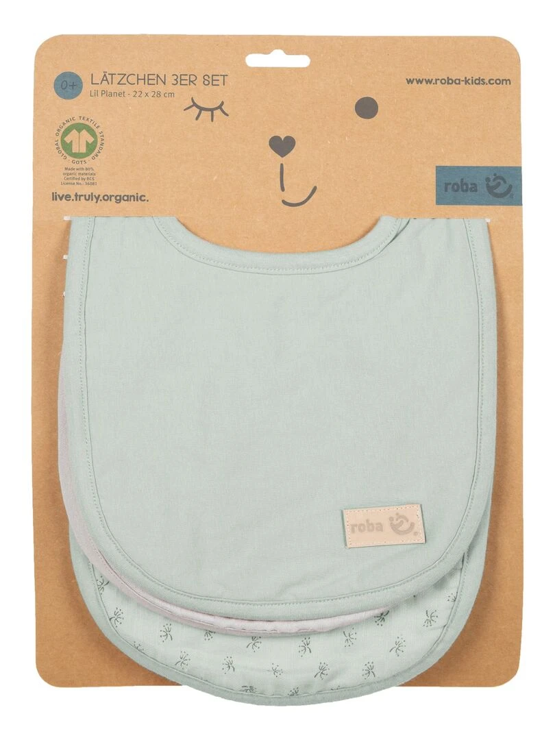 ROBA Lot 3 Bavoirs en Coton Bio 'Lil Planet' Ajustable   Certifié Gots   Vert givré/gris   Gris Vert clair