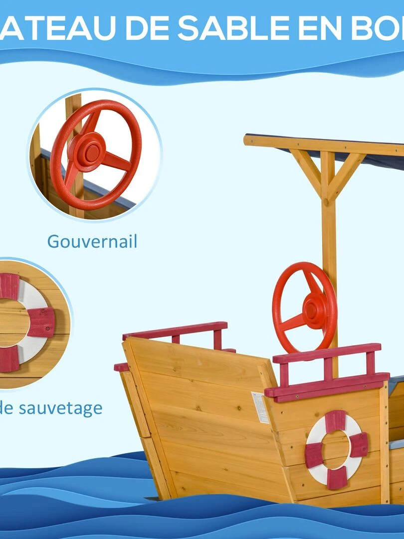 Bac à sable bateau de pirate en bois avec voile d'ombrage   Orange