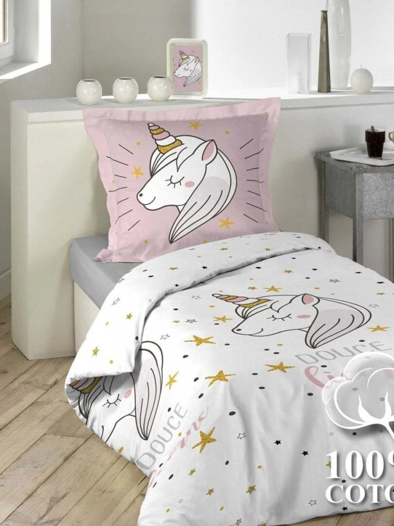 Housse de couette 140x200 + taie Lilirose coton 42 fils   Rose