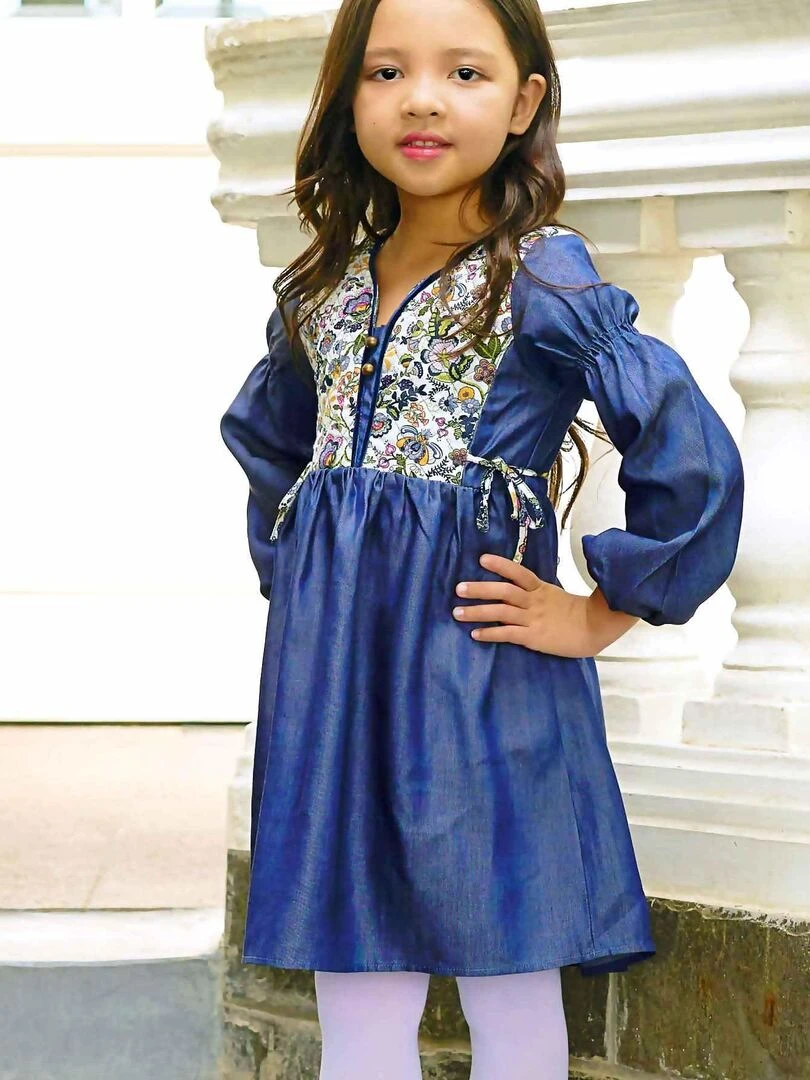 Robe Intersaison Coton Bleu Fleurie Liberty Rose Fille MARGOT 'LA FAUTE A VOLTAIRE' Bleu