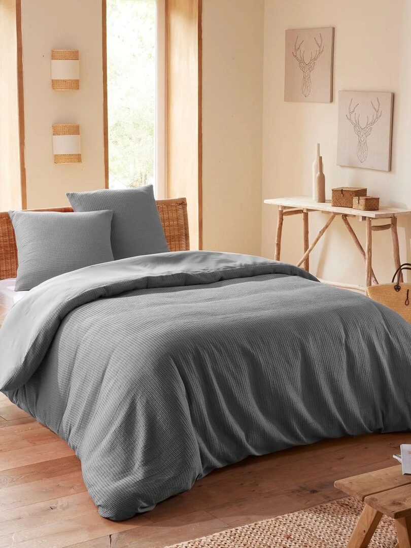 Parure de couette "Nid d'abeille" 240 x 220 pour lit 2 Places 140 à 160 cm Gris foncé