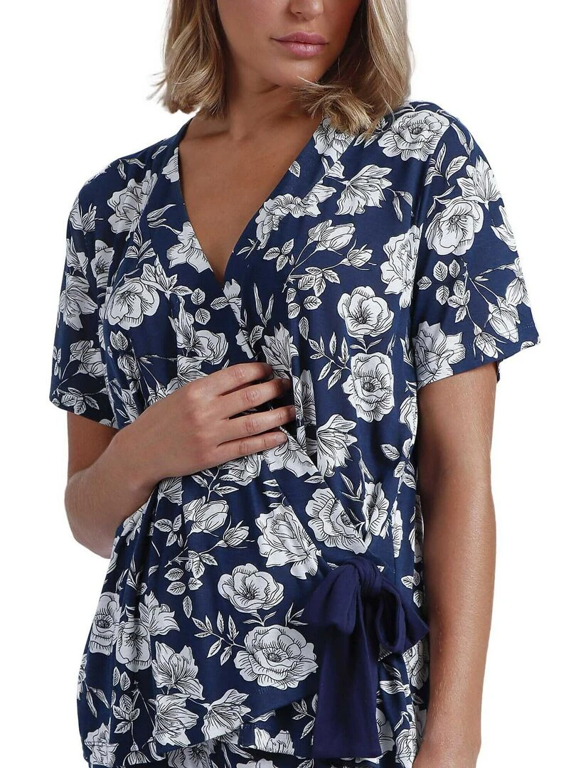 Pyjama pantalon palazzo top cache coeur Navy Flowers   Bleu marine