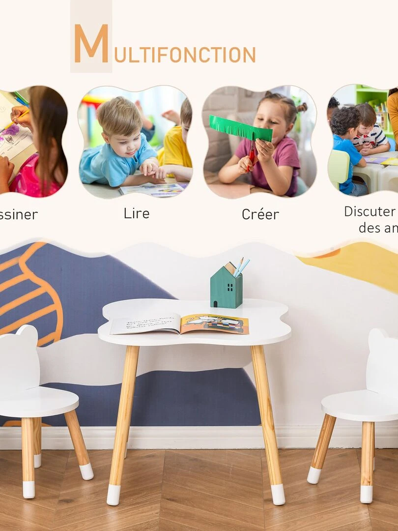 Ensemble table et chaises enfant design scandinave motif ourson blanc bois pin   Blanc