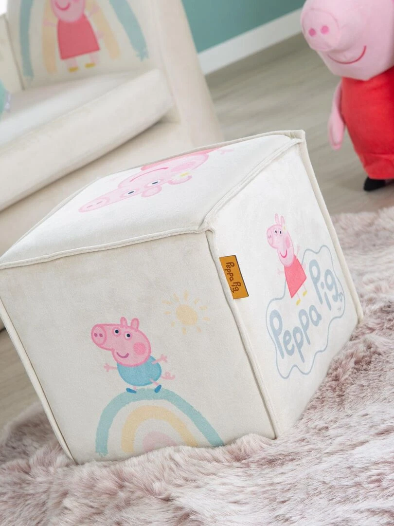 ROBA Pouf Bébé en Forme de Cube Peppa Pig Tabouret Enfant en Velours Doux Beige Motif Cochon Beige