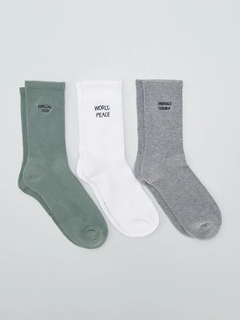 Lot de 3 chaussettes avec message Vert/blanc/gris
