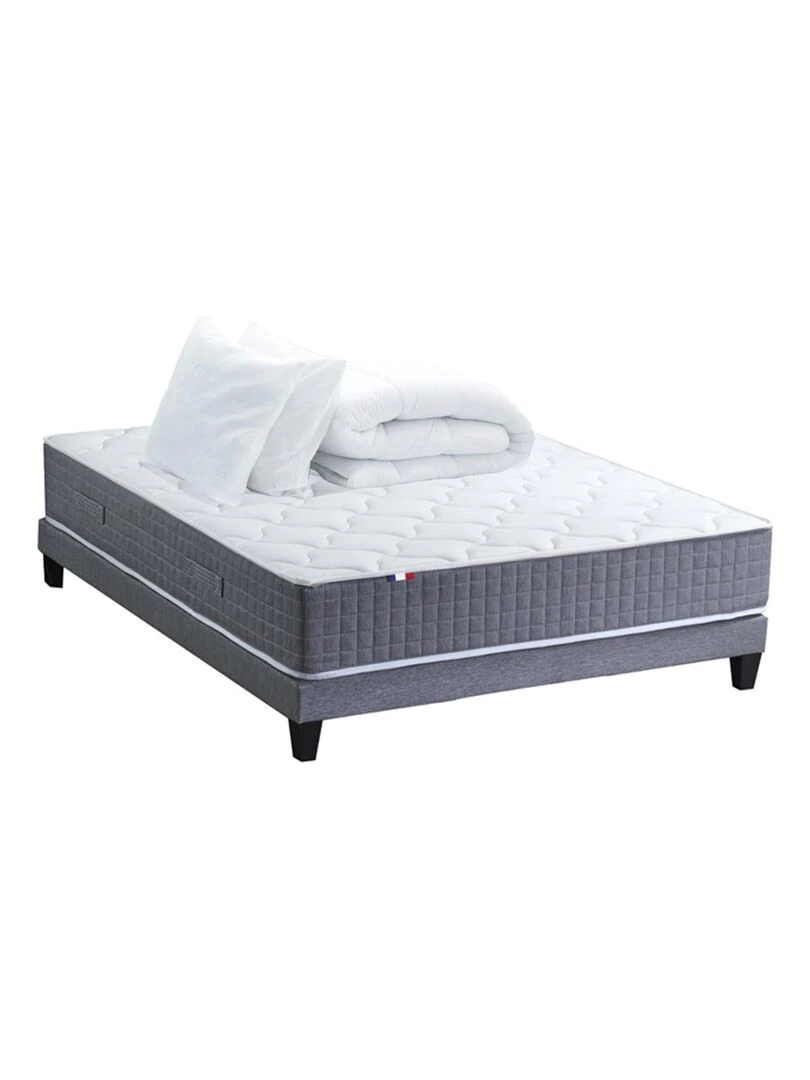 Ensemble Matelas Ressort 7 zones H.30cm + Sommier + couette + oreillers Fabriqué en France MAX Blanc Gris