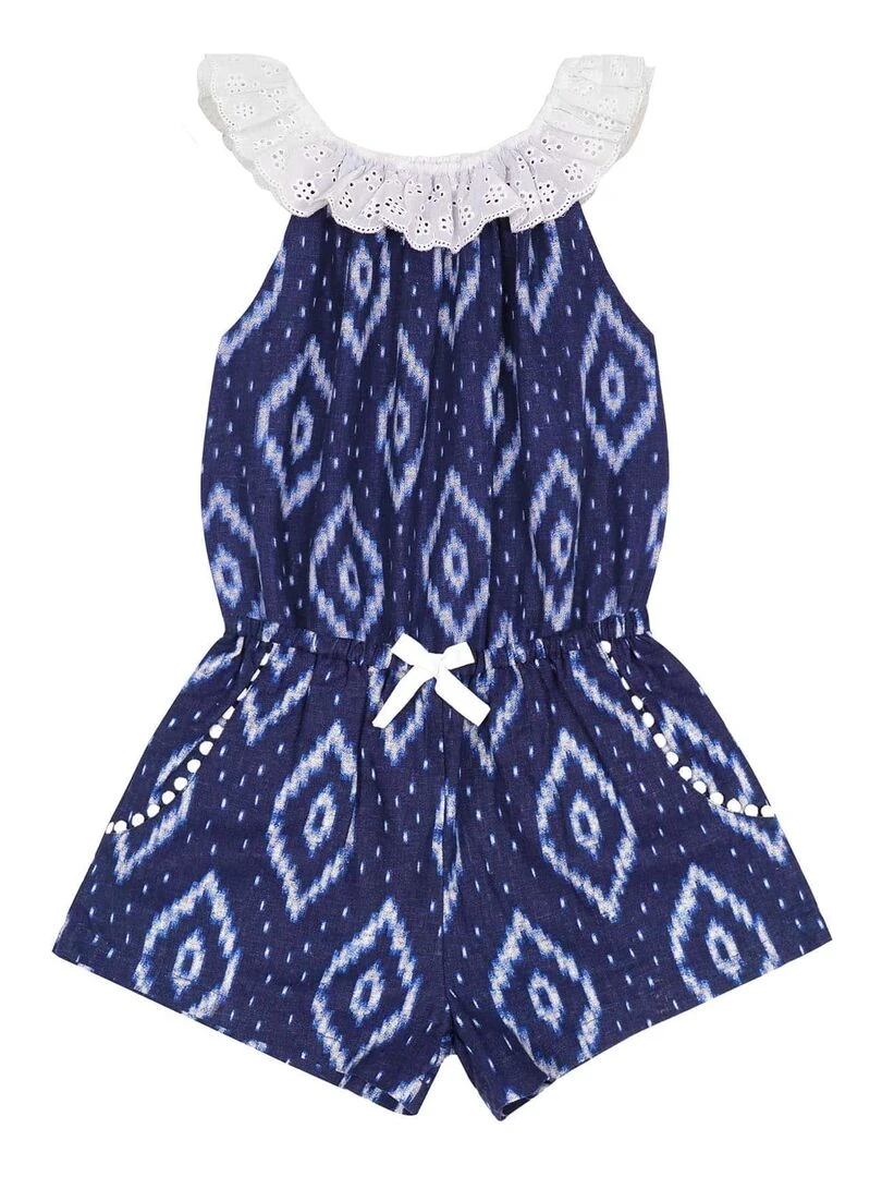 Combi Short Été Fille  Col Élastique  Tie and Dye Bleu Marine  LOLITA   'LA FAUTE A VOLTAIRE'   Blanc Bleu marine Blanc