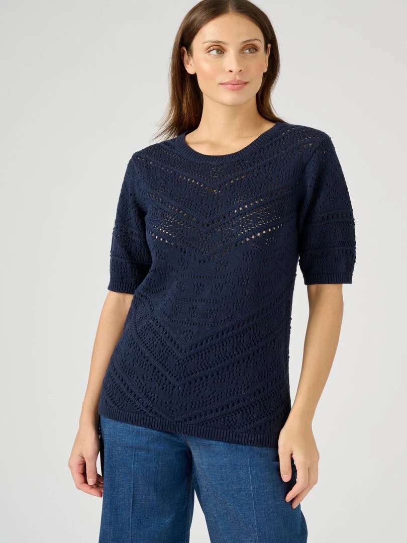 Pull maille ajourée manches aux coudes Damart Bleu marine