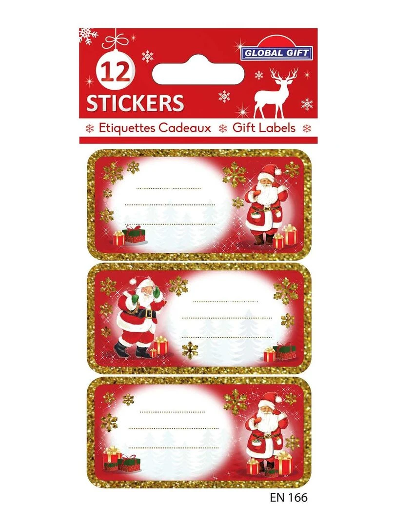 12 étiquettes adhésives de Noël Père Noël à paillettes dorées N/A