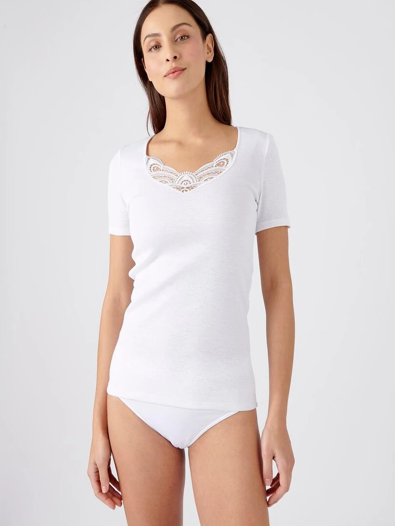T shirt manches courtes fine côte guipure Thermolactyl Damart Blanc