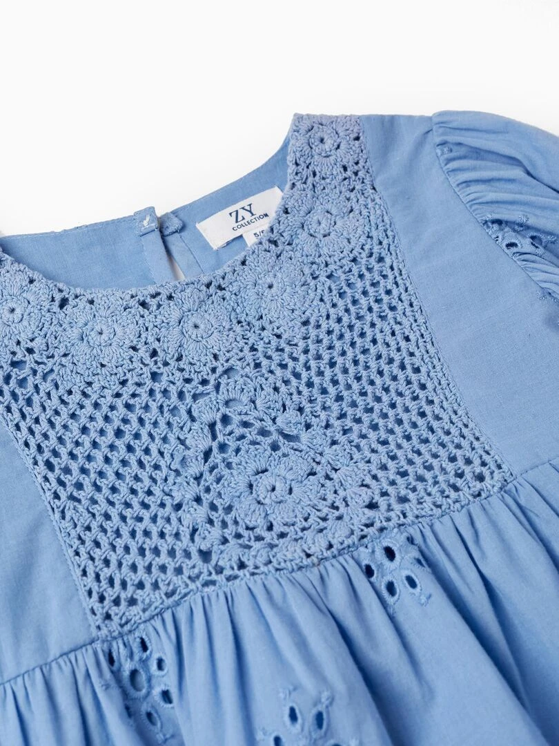 Robe en Coton avec Crochet et Broderie Anglaise pour Fille manches longues SPRING BEGINS   Bleu clair