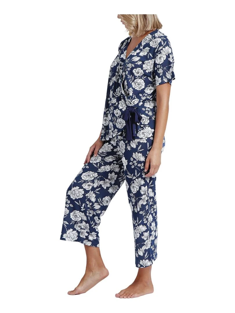 Pyjama pantalon palazzo top cache coeur Navy Flowers   Bleu marine