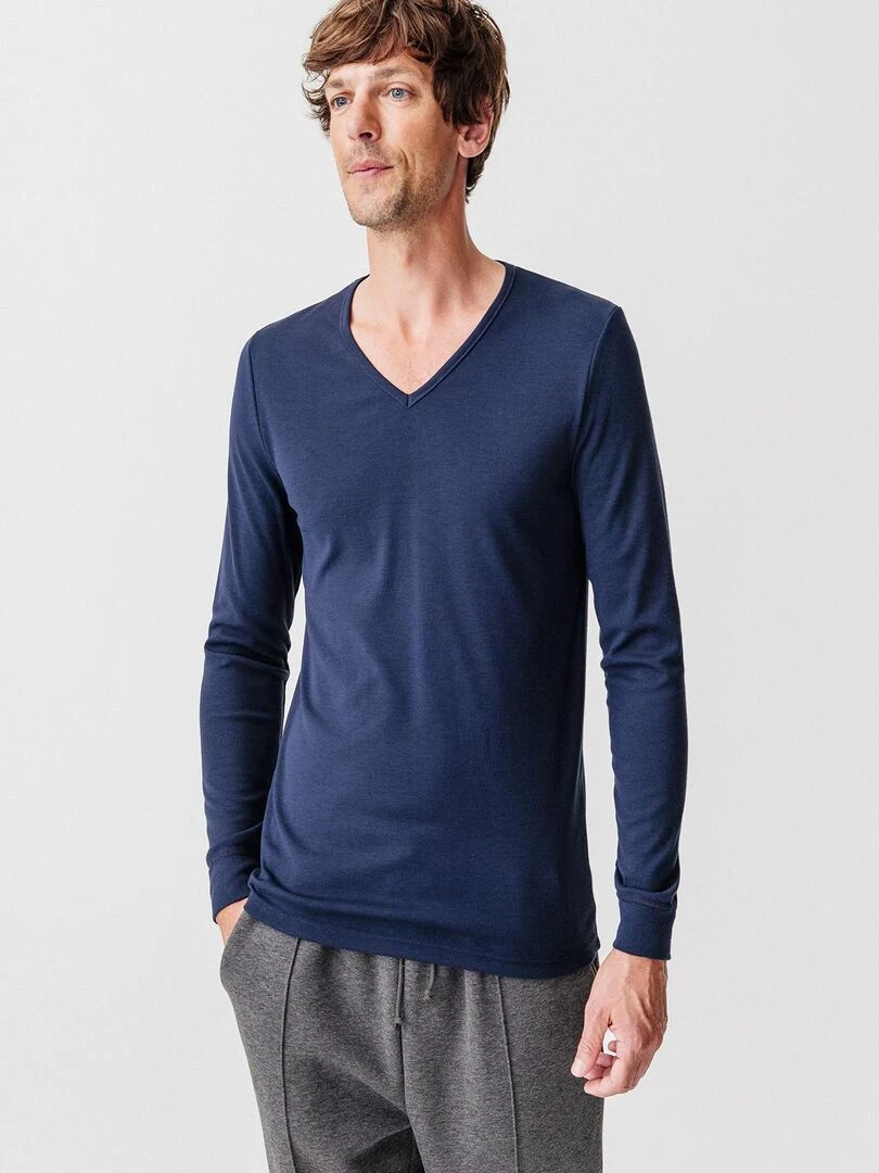 T shirt col V maille interlock Thermolactyl Damart Bleu marine