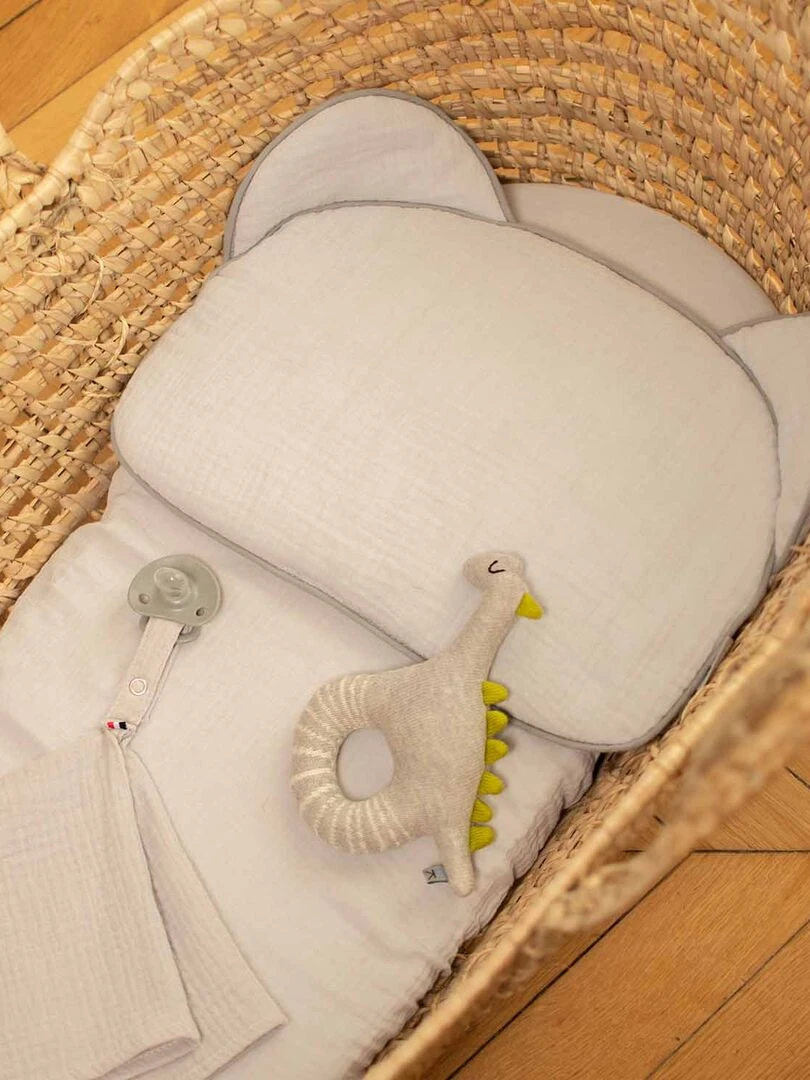 Oreiller bébé plat ourson en gaze de coton  Jeanne   Marron clair