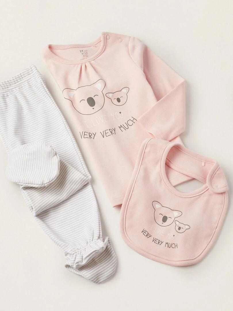 Bavoir + T shirt + Pantalon pour Bébé Fille 'I Love You'  LITTLE LOVE NOTES   Rose