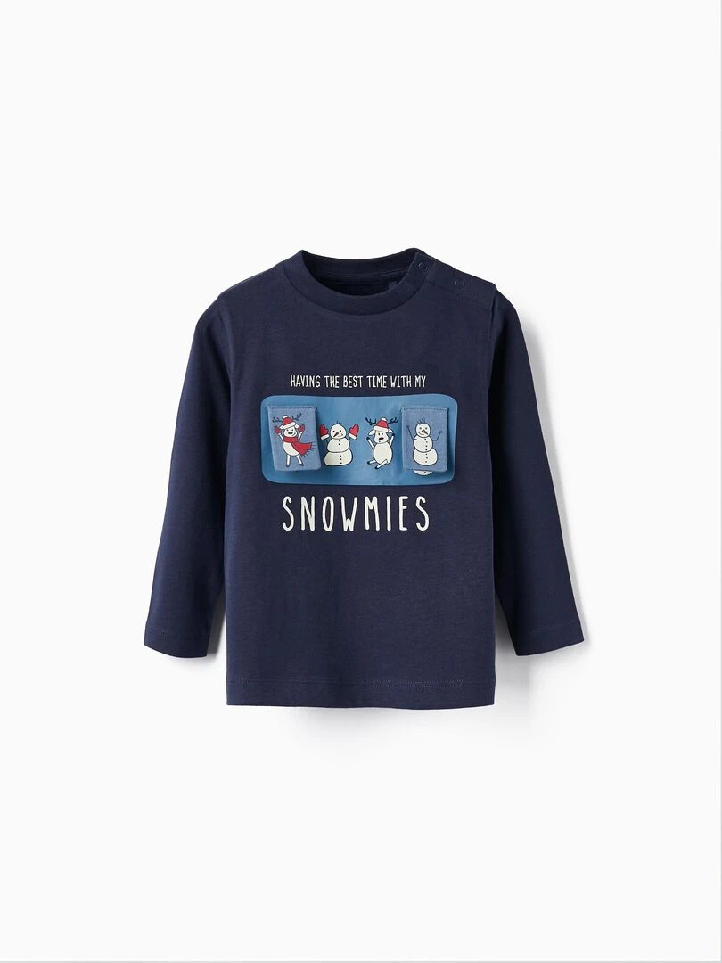 T shirt à manches longues en coton pour bébé garçon 'Snowmies' manches longues NOËL Bleu foncé