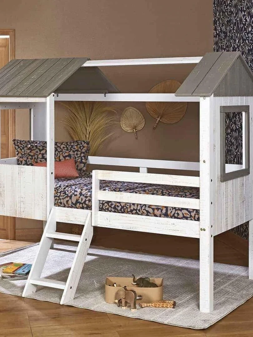 Lit cabane avec matelas Lao   AKITEN RETAIL   Blanc Gris