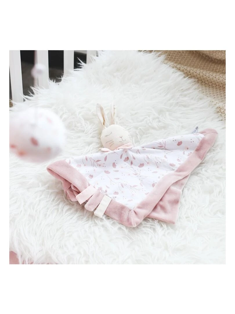 Doudou plat en coton bio et lin lapin Lili   Rose