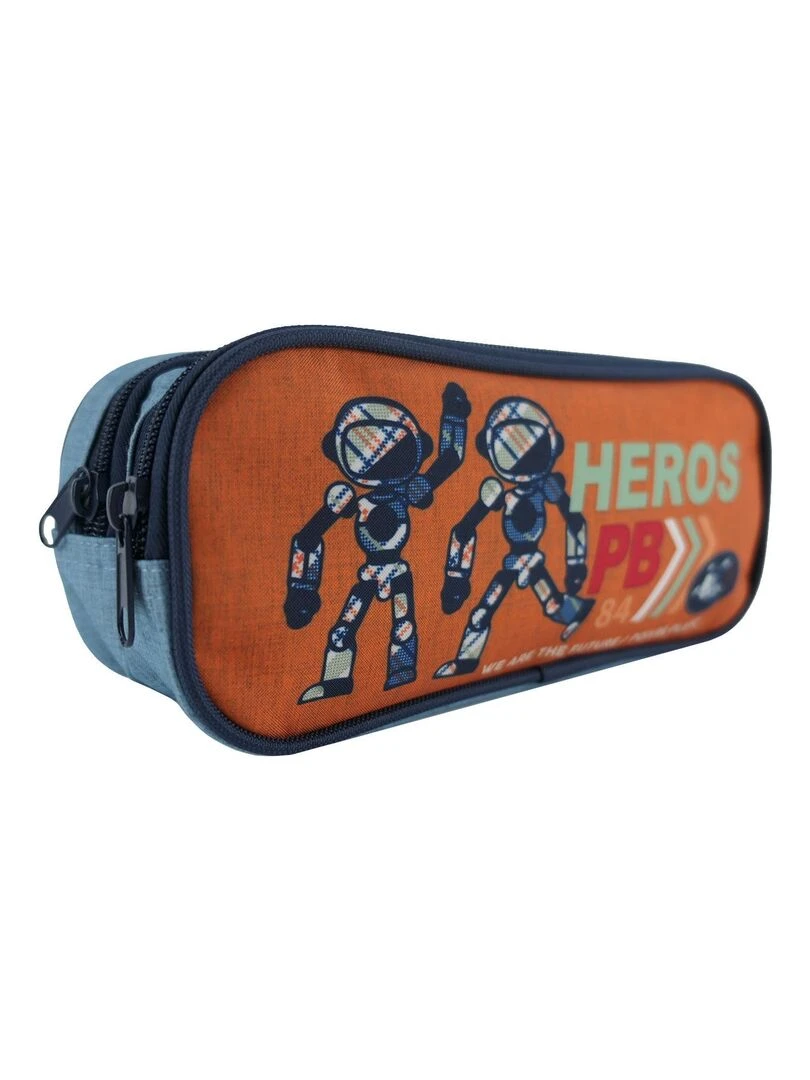 BAGTROTTER Trousse scolaire 2 compartiments Poivre Blanc Robots Orange Orange