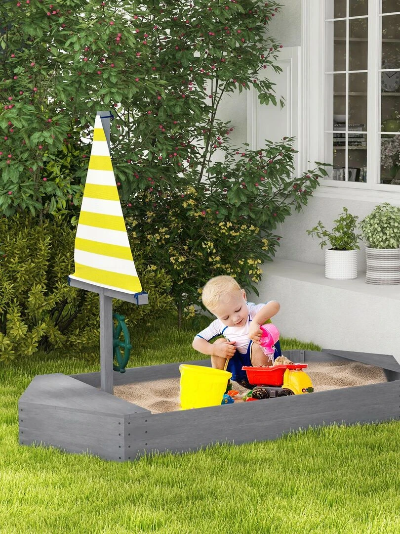 Bac à sable enfant design bateau   voile  gouvernail   bois gris   Gris