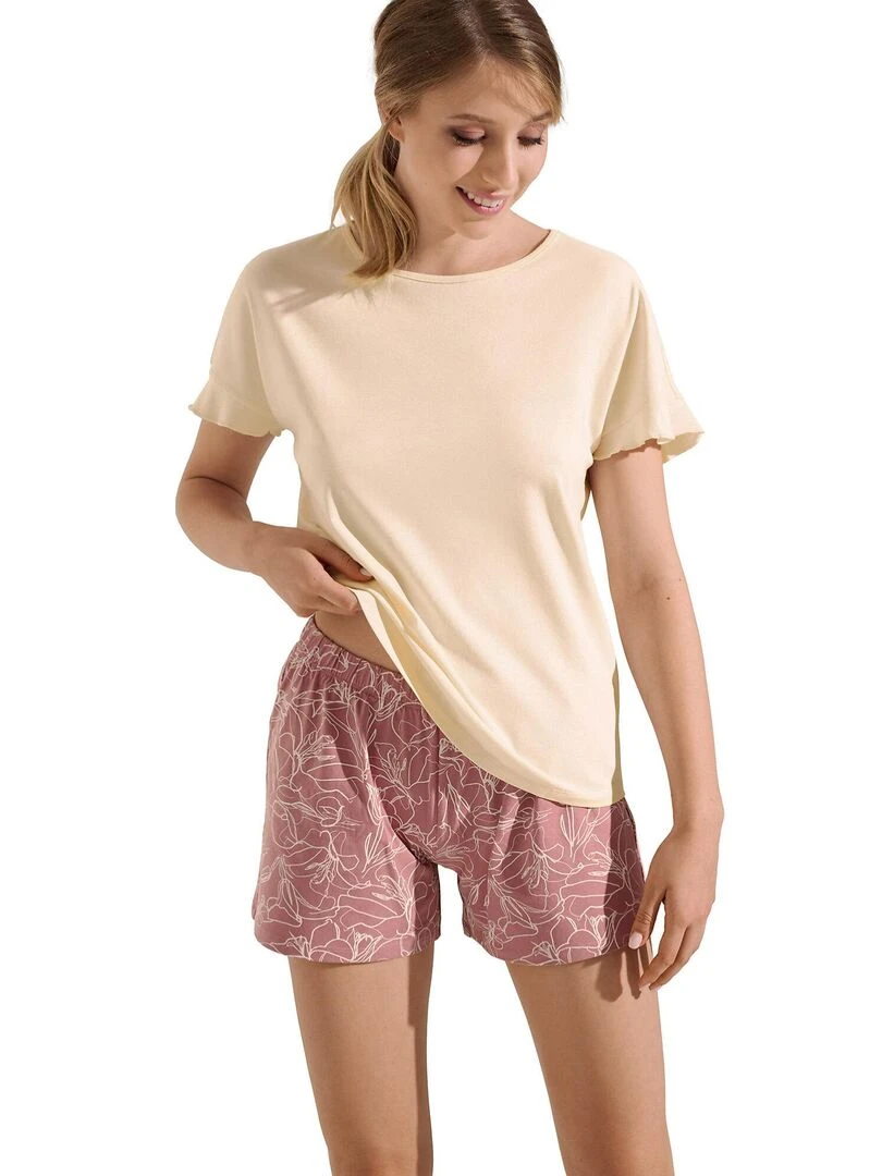 Pyjama short t shirt manches courtes Nina Beige