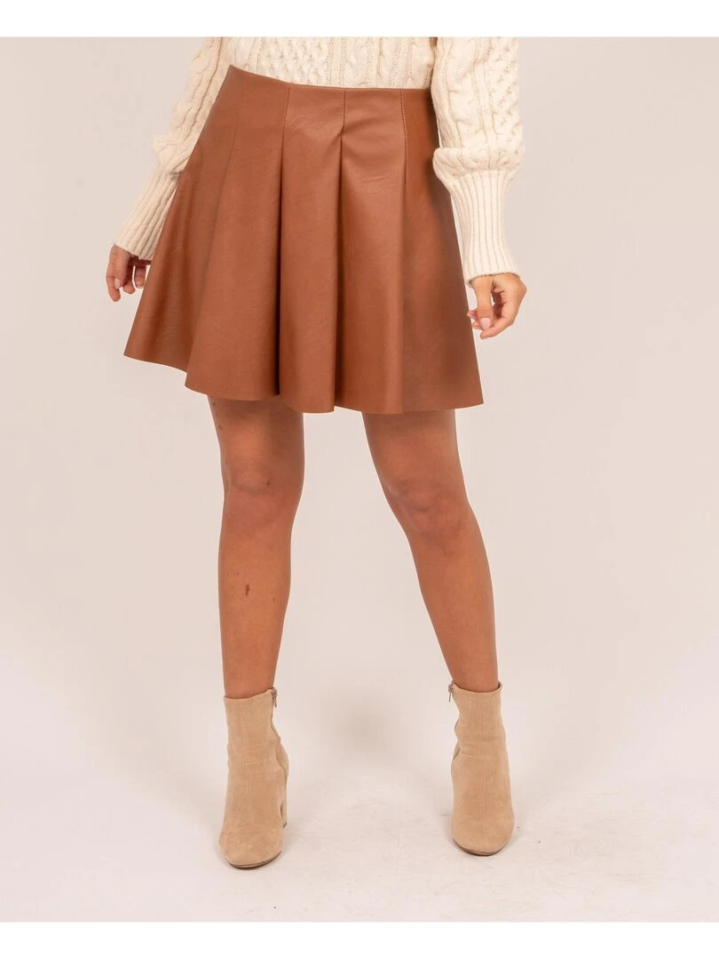 Jupe courte plissée similicuir XIRAMAX Marron caramel