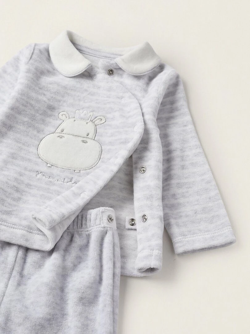 Pyjama en velours avec pieds pour nouveau né 'Hippopotame'  EARLY BLOOM   Gris clair
