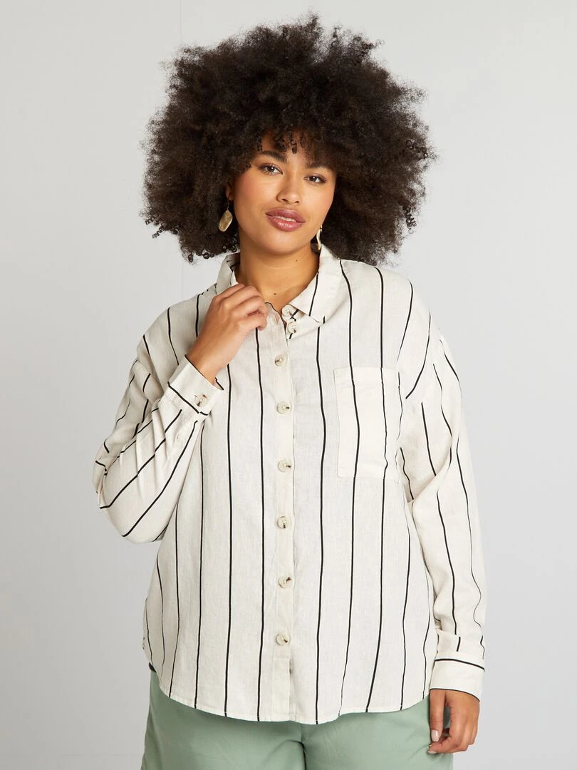 Chemise rayée en lin mélangé   Beige