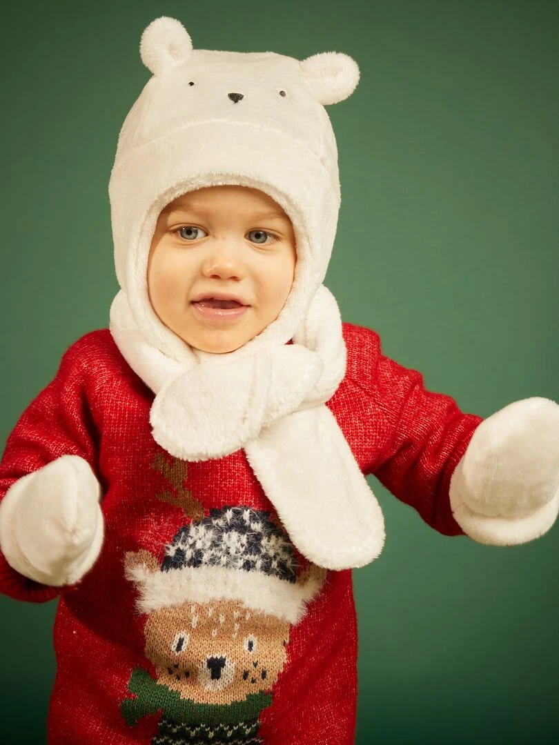 Ensemble bonnet + écharpe + moufles   Blanc