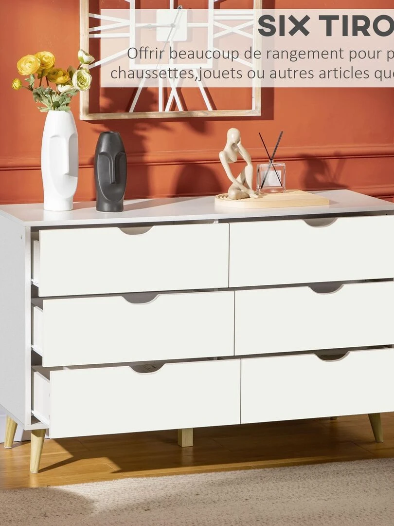 Commode 6 tiroirs design scandinave bois pin panneaux blanc   Blanc