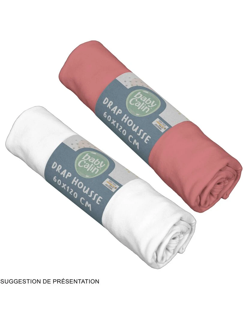 Lot de 2 draps housses unis 60x120 cm Terracota/Blanc Gris Rose foncé