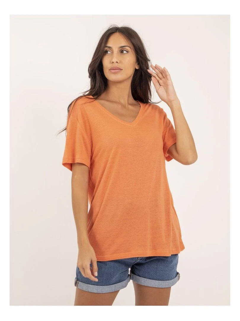 T shirt col V lin FAIMES Orange corail