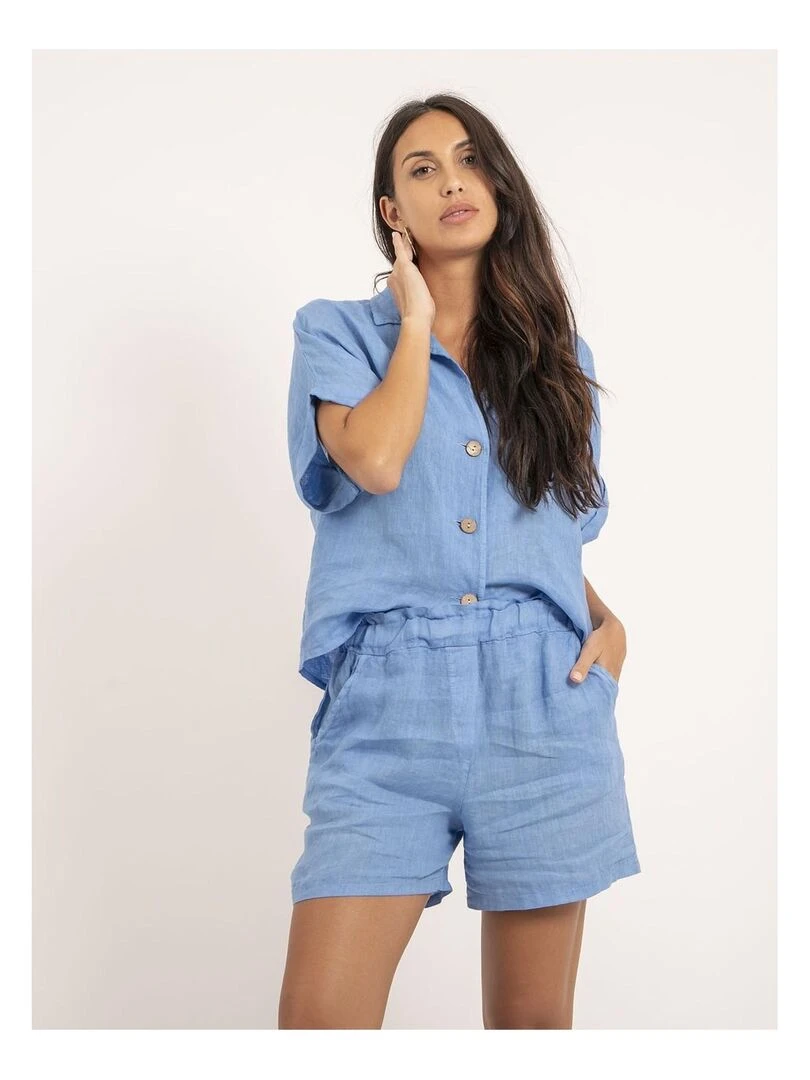 Short taille haute lin XANGA Bleu