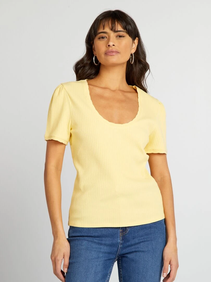 T shirt côtelé à col plongeant Jaune pâle