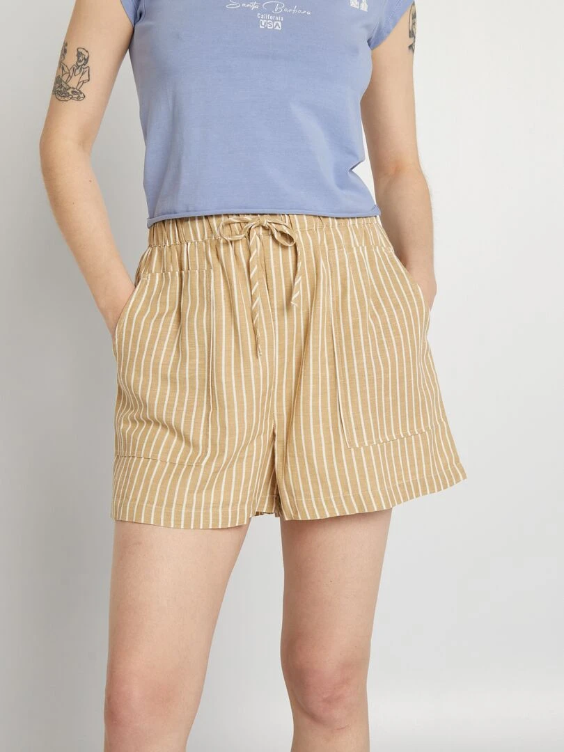 Short en lin rayé Beige rayé