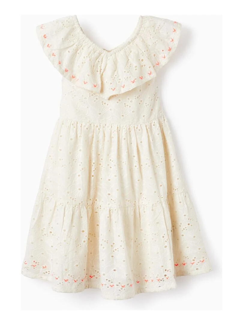 Robe En Coton Avec Broderie Anglaise Pour Fille manches courtes Blanc
