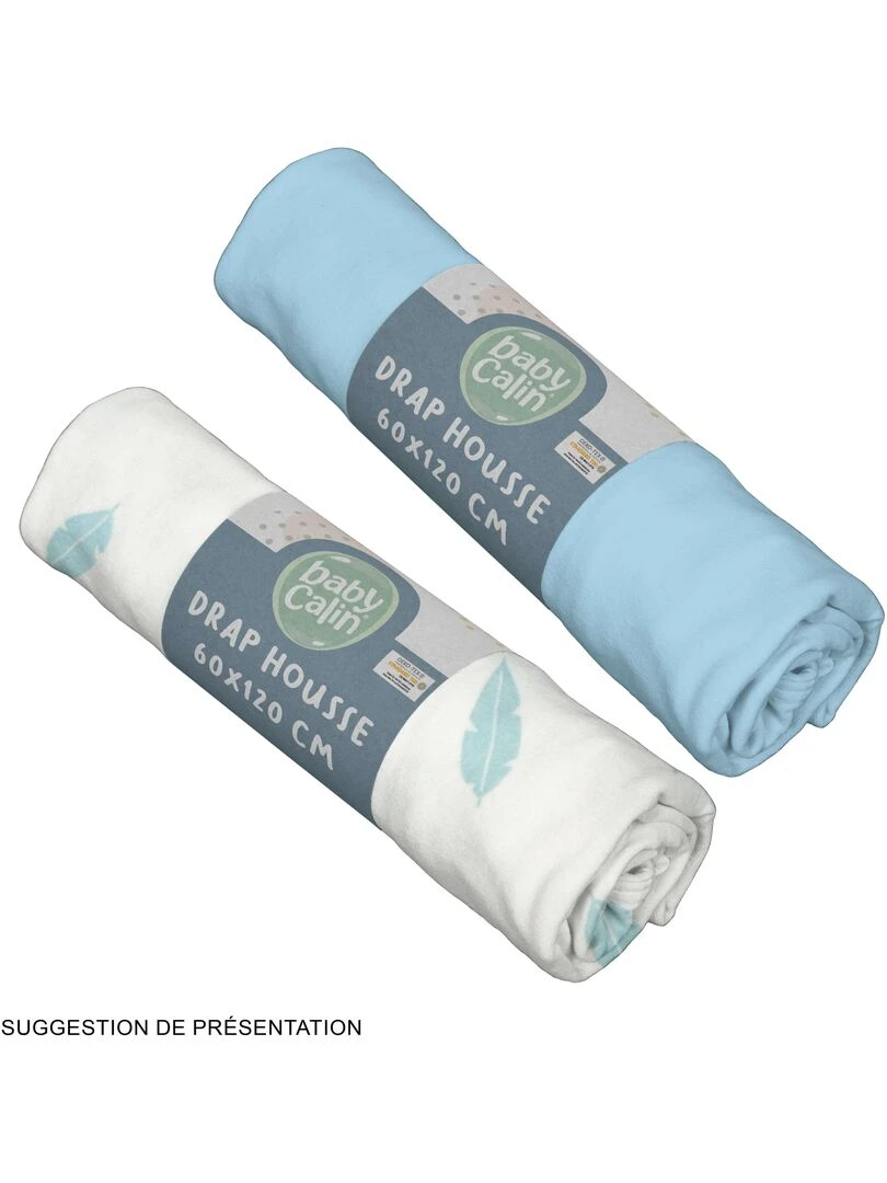 Lot de 2 draps housse 60x120x15 cm Plumes bleues Bleu
