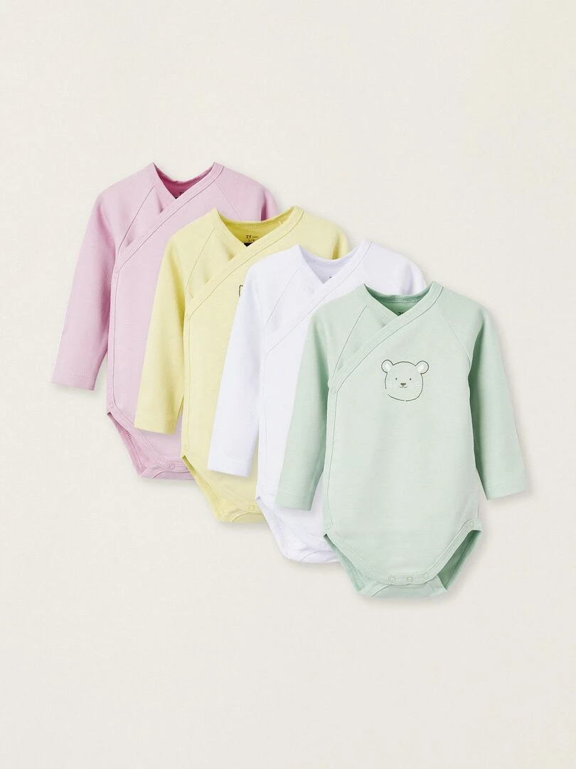 Pack 4 Bodies Croisés en Coton Pour Bébé Fille 'Animaux' manches longues ESSENTIALS LINE Multicolore
