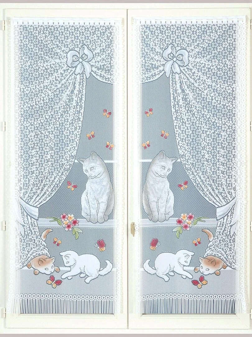 Paire de vitrages dentelle chatons et franges Bleu