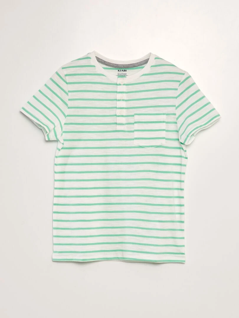 T shirt à col tunisien avec rayures Vert/blanc