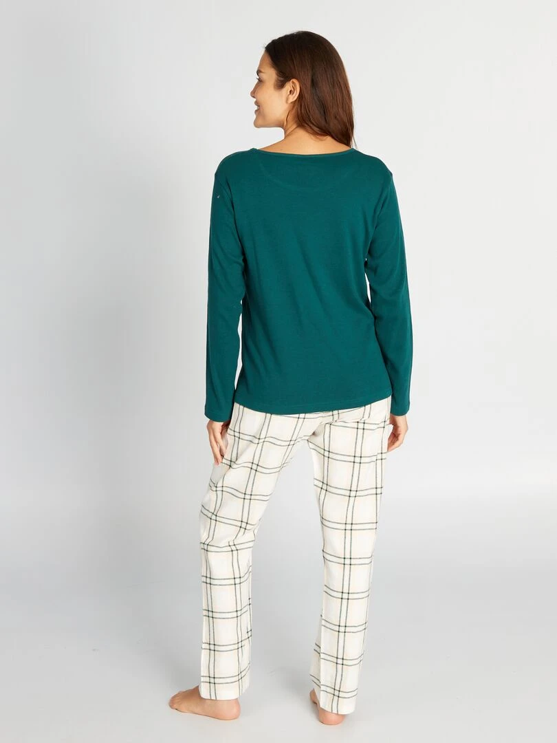 Pyjama long t shirt + pantalon en flanelle 2 pièces Vert
