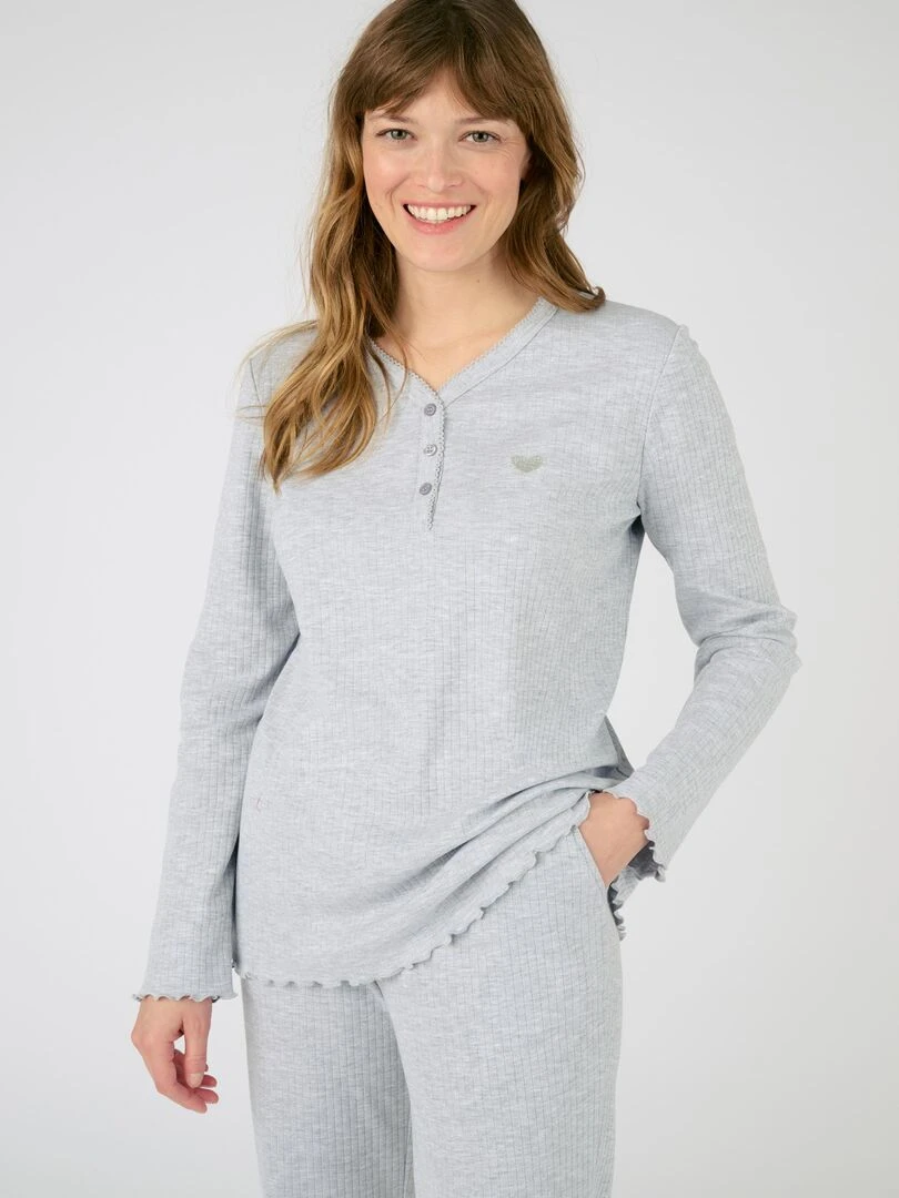 Pyjama maille interlock côtelée douce et souple   Damart   Gris chiné
