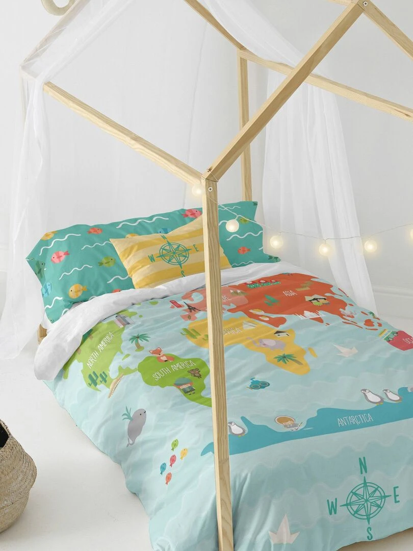 Parure housse de couette 2 pièces World map "Happyfriday" Multicolore