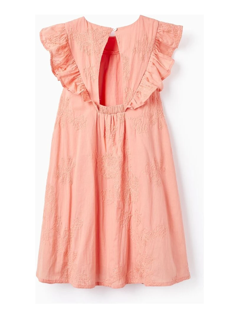 Robe En Coton Avec Broderies Et Volants Pour Fille manches courtes Rose