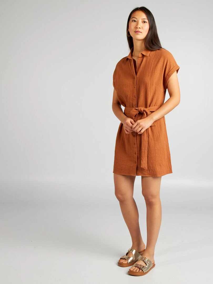 Robe courte forme chemise en double gaze de coton Marron