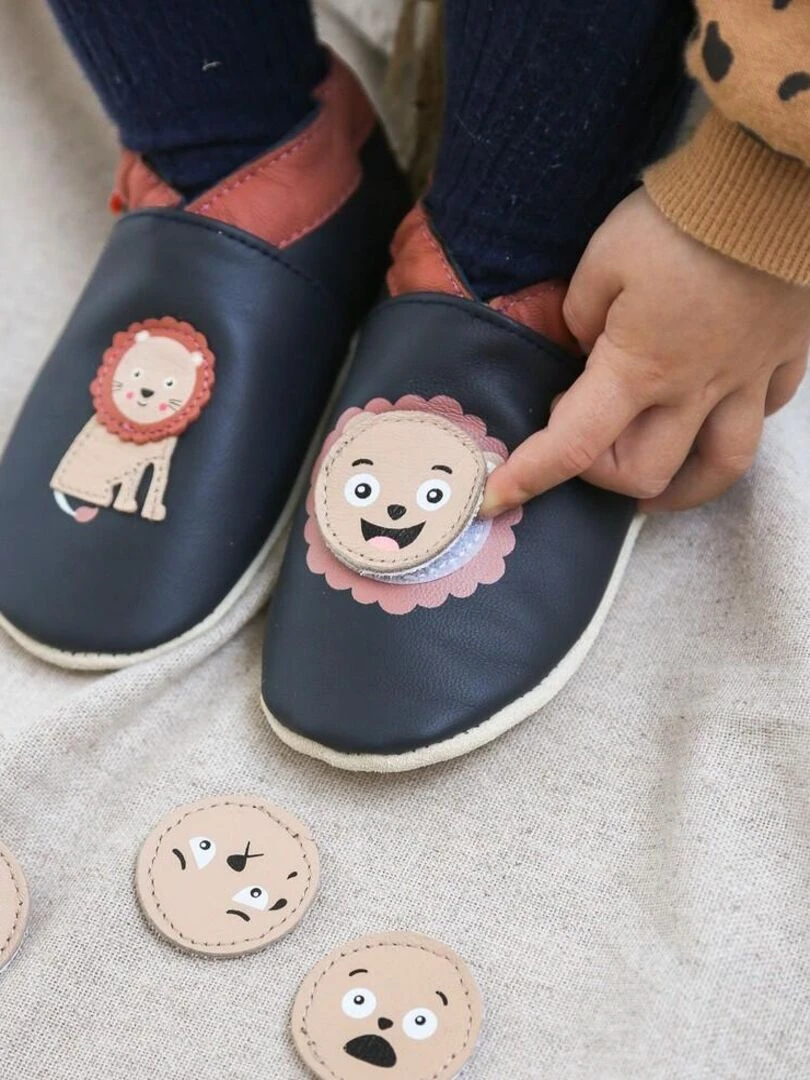 Chaussons bébé cuir souple à émotions lion   Bleu marine